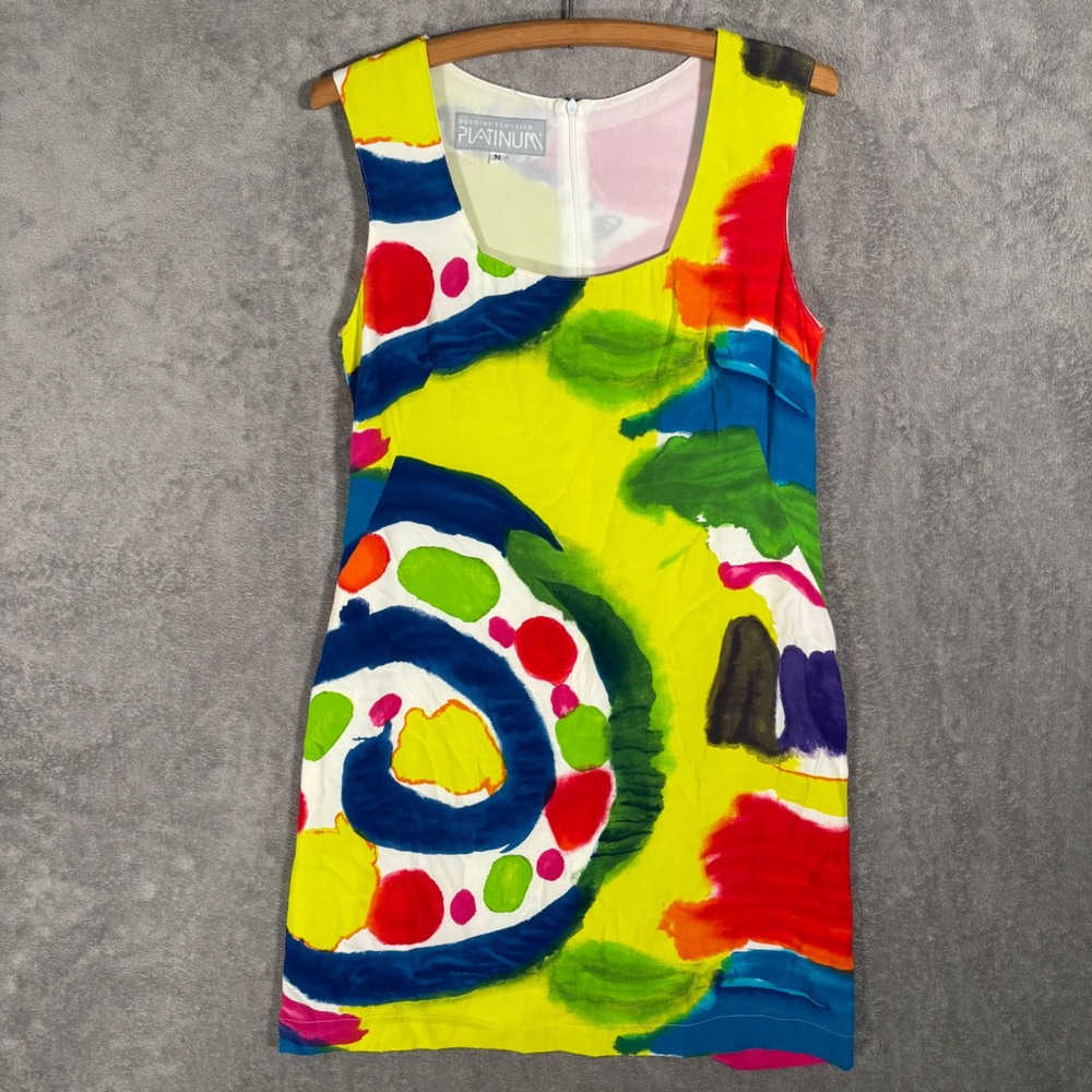 Dorothy Schoelen Platinum Vintage Abstract Art Print Rayon Shift Dress Fit Small